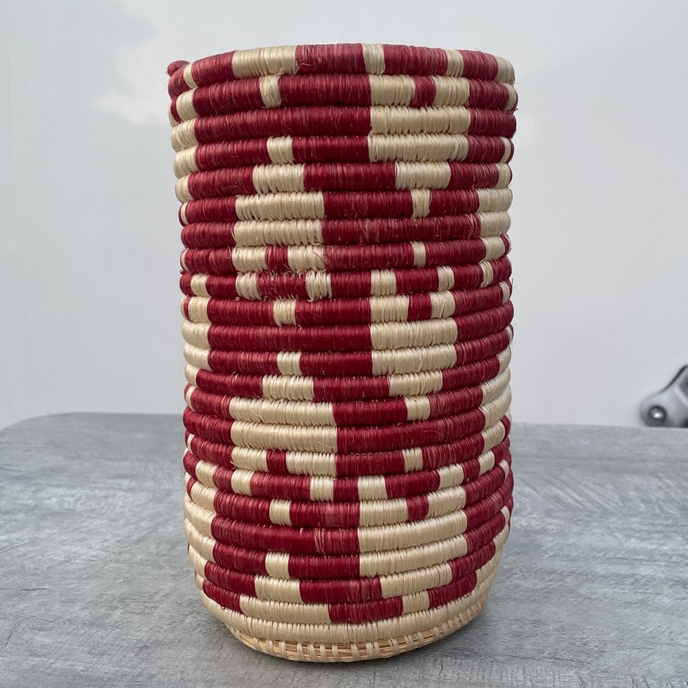 Handwoven Tall Cylindrical Basket Red Natural‎ Geometric Coil Weave Vase
